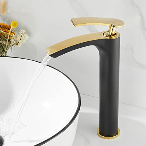 Moderner Messing-Badezimmerarmatur, goldfarben und schwarz, Mischbatterie für Waschbecken, Deckmontage, Warm- und Kaltwasserhahn mit weißen und goldenen Akzenten