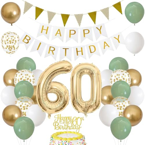 60. Geburtstag Dekoration Salbeigrüne, Grün Gold Luftballon Deko 60. Geburtstag mit Zahl 60 Folienballon, Happy Birthday Banner, Tortendeko für 60. Happy Birthday Deko Frau Mann