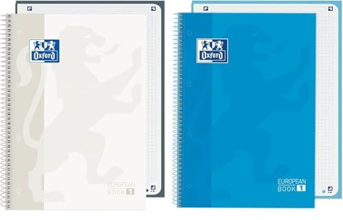 Oxford, Cuadernos A4, Pack 2 Libretas A4 Microperforadas Europeanbook 1, Tapa Extradura, Espiral, Cuadrícula 5x5, Color Azul Turquesa y Blanco