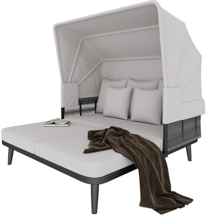 Gartenliege mit verstellbarer Markise für zwei Personen, Outdoor Sonneninsel mit 10 cm Kissen, gepolsterter Rückenlehne, handgeflochtenem Seilgeflecht, UV-beständig, stilvoller Terrassenmöbel