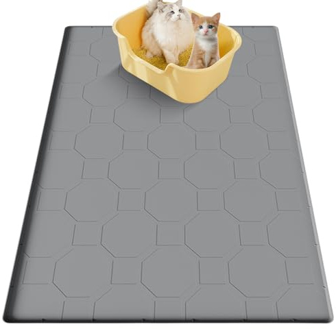 Tappetino per lettiera per gatti, 80 x 56 cm, in silicone alimentare, impermeabile, con fondo antiscivolo, resistente alle urine, facile da pulire e durevole (grigio)