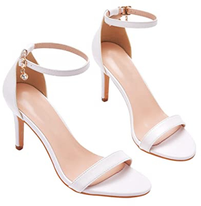 FRCOLOR Sandalias de Tacón Alto para Mujer Punta Abierta y Banda Empeine, Material Pu Cómodo y Elegante para Fiesta o Boda, Color Blanco Talla 37