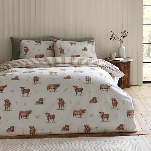 Catherine Lansfield Angus Highland Cow Reversible King Duvet Cover Set with Pillowcases Natural