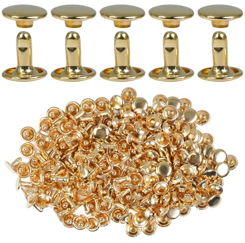 Selyse 100 Sets Doppelkappe Nieten 9mm, Leder Nieten aus Edelstahl, Hohlnieten für Leder, Metallnieten für Taschen, Schuhe, Gürtel, Kleidung und DIY Handwerk (Gold)