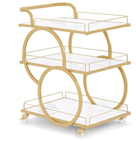 BarberPub Chariot de Service à roulettes, Chariot de Cuisine Chariot de Bar Structure métallique Blanc-Or, Chariot Multifonctionnel à 3 Niveaux, pour Salle de Bain, Salon de manucure, 65x43x70, 0074