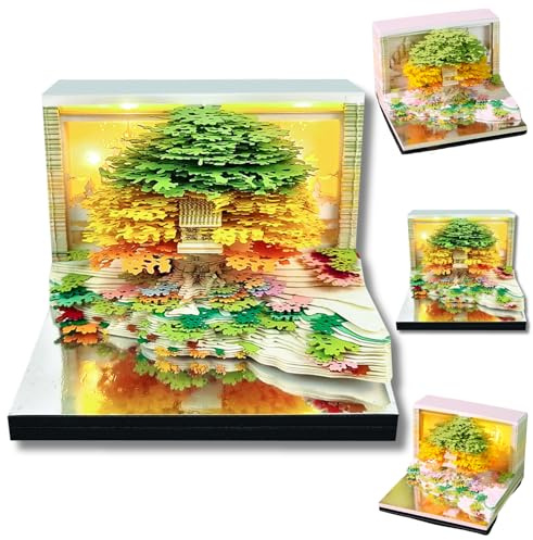 3D Calendar 2026, Flower Sea and Tree Island Time Piece Calendar 2026, Daily Tear-Off Memo Pad with LED Glow, Paper Carving Desktop Decoration, Unique Holiday & New Year Paper Craft Gift, Green