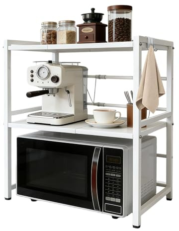 Brstheco Mikrowellen Regal 3-Stufig Stahl Stehendes Küchenregal Verstellbar Erweiterbares Platzsparendes Mikrowellenregal mit 6 Haken für Arbeitsplatte Küche,Weiß
