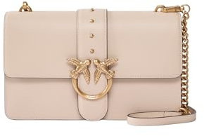 Pinko Love One Classic, Borsa a Tracolla in Pelle Beige con Chiusura a Patta, Dettaglio Uccelli Dorati, Divisorio Interno con Cerniera, Misure 27 x 16.5 x 7 cm.