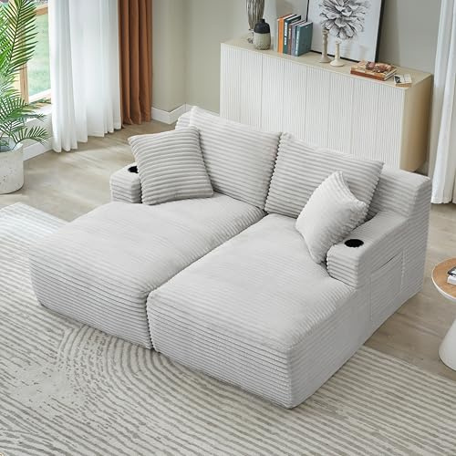 KEIKI Compressible Double Chaise Lounge with Cupholders, Space-Friendly Corduroy Sleeper Loveseat for Apartments, Boneless Chaise Lounge Indoor with Spring Padding, Easy Setup, No Assembly