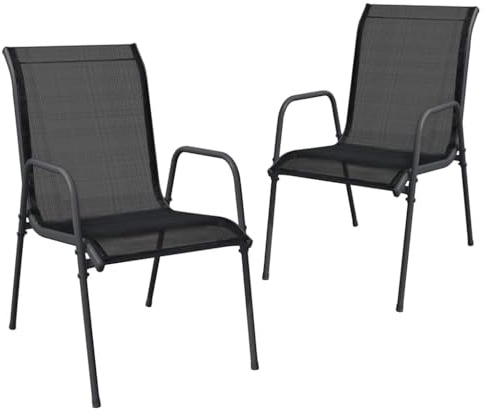 QJBSAVVA Gartenstühle 2er Set, Armlehnstühle aus Stahl und Textilene für Garten Terrasse und Balkon, Robuste Terrassenstühle Schwarz Anthrazit, 51 x 66 x 88 cm (B x T x H)