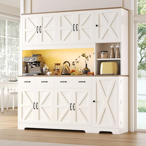 FUSOU Küchenschrank 180 cm LED Ladestation 4 Schubladen 6 Fächer – Vorratsschrank Landhausstil, Küchenschrank mit Arbeitsplatte Esszimmer verstellbare Böden Weiß