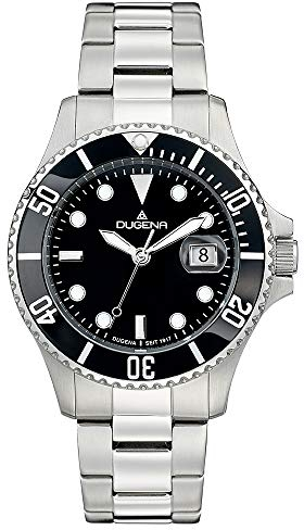 Dugena Herren-Armbanduhr 4460775 Diver, Quarz, schwarzes Zifferblatt, Indexe, Edelstahlgehäuse, gehärtetes Mineralglas, 30 bar