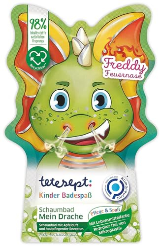tetesept Kinder Badespaß Schaumbad Mein Drache mit fruchtigem Apfelduft und pflegender Hautrezeptur – Drachenstarker Badeschaum und grünes Wasser – 15 x 40 ml