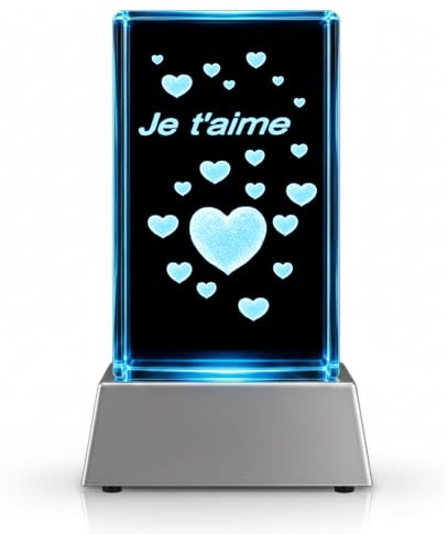 Kaltner Präsente Stimmungslicht - Das perfekte Geschenk: Kristall Glasblock mit 3D Gravur/Ich liebe dich Geschenke für Frauen, Männer/Jahrestag Geschenk für Sie, Ihn/Gravur Herz/Nachtlicht
