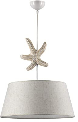ONLI Lampada a Sospensione con Paralume in Tessuto Color Avorio e Decorazione Stella in Legno