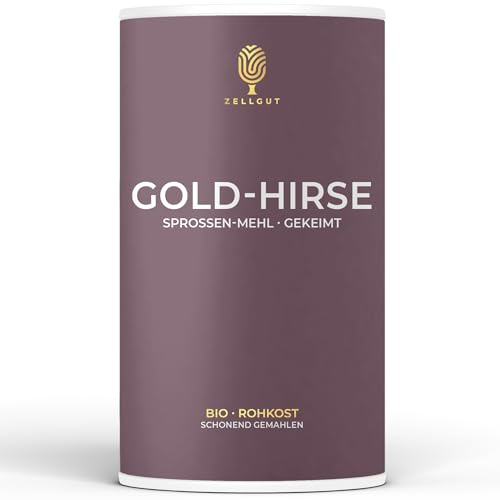 ZELLGUT© Bio Gold HIRSE Sprossen-Mehl 250g • GEKEIMT • Basisch • 100% ROHKOST-QUALITÄT • GLUTENFREI • GEMAHLEN • Aus EU-Bio-Landwirtschaft als MEHL zum BACKEN von Brot, zum kochen, MÜSLI, Smoothie