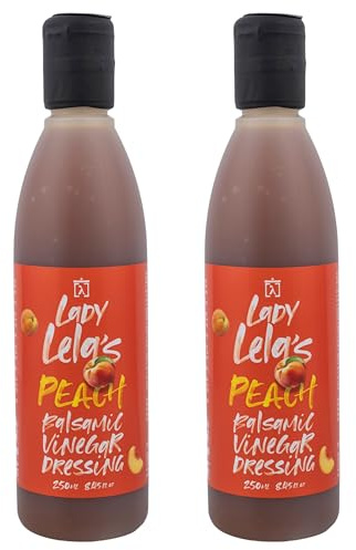 Lady Lela’s Griechisches Pfirsich Balsamico Dressing,2×250 ml | Intensiv-fruchtiges Aroma & vollmundiger Geschmack – Vegan, gebrauchsfertig