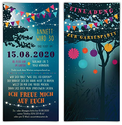 Kartenmachen.de Selbst gestalten: Geburtstag Einladungskarten mit individuellemText - Gartenparty bei Nacht Einladungen in DIN Lang 210x98mm ab 10 Stück Sets, dickes Papier