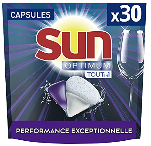 Sun Capsules Lave-Vaisselle Optimum Tout en 1 Efficacité Impeccable Ingrédients Naturels Nettoyage Brillance & Parfum Frais, 30 Tablettes