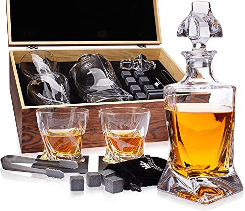 Whiskey Decanter Set by Royal Reserve – Artisan Crafted Twisted Whisky Decanter 34 oz 1000 ml with Glasses, Whiskey Stones, Coasters and Tongs – Whiskey Gift Set for Men, Husband, Dad, Friend
