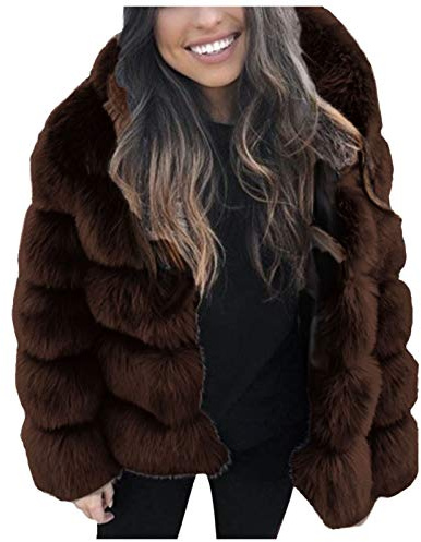HHMY Kunstfell Jacke Damen Kurz - Winterjack Flauschige Faux Fuchspelz Jacke Mantel Lose Langarm Cardigan Mode Lang-Fleece Coat Elegant Warm Fellmantel Mit Kapuze