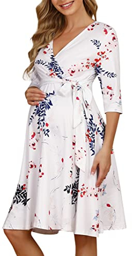 KOJOOIN Vestido de Maternidad para Mujer Delgado con Cuello en V Elegante Vestido de Lactancia Vestidos Premama Verano Casuales para Embarazadas Flores02（Manga 3/4） XL