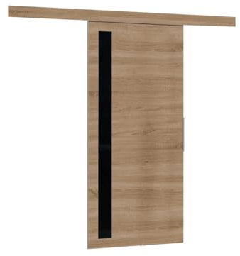 Mirjan24 Schiebetürsystem Multi V mit Selbstschließer, Komplett-Set für Schiebetüren Trennwände Innentüren (Sonoma/Schwarzer lacobel, Modell 90.)
