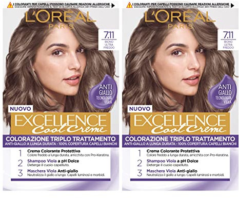 2x L'Oréal Paris Excellence Cool Creme Colorazione Capelli Permanente Triplo Trattamento Azione Protettiva Illuminante Colore 7.11 Biondo Ultra Freddo - 2 Confezioni