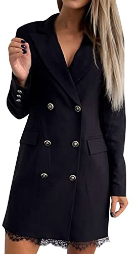 Abito blazer da donna, con orlo in pizzo, elegante, con scollo a V, a maniche lunghe, con bottoni, abito corto da ufficio con tasche, alla moda, per tutti i giorni, per affari, Nero , L