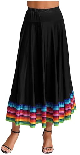 CHICTRY Damen Spanischer Flamenco Rock Lang Latein Tango Tanzrock Streifen Patchwork Faltenrock Walzer Bauchtanz Ballroom Schaukel Swing Rock Wettbewerb Kostüm Schwarz C XL