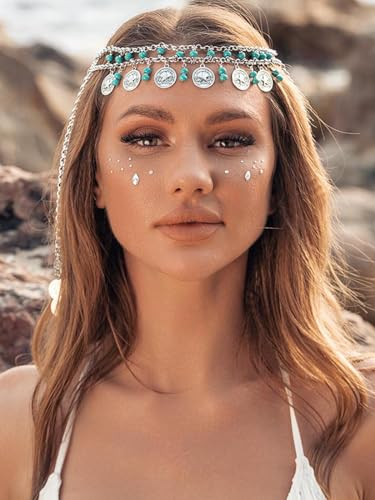 Jovono Boho Türkis Kopfkette Silber Braut Quaste Kopfschmuck Perlen Stirnbänder Festival Stern Anhänger Haarschmuck für Frauen und Mädchen
