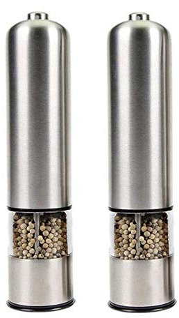 RWRAPS Macina Sale e Pepe Professionali, Set macinapepe Elettrico, granulometria Regolabile, erogazione illuminata, Acciaio Inossidabile Spazzolato, Alimentazione a Batteria, 2
