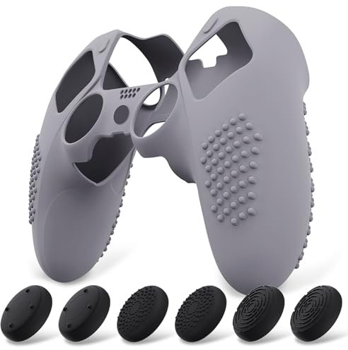 playvital Coque Protection pour ps5 Edge Manette,Housse Silicone avec 6 Capuchon Joystick pour ps5 Edge Controller Cover Skin,Anti-Dérapante Accessoire-Gris Métallisé,3D Studded Edition
