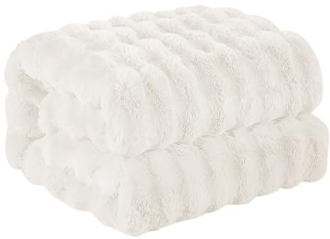 Faux Rabbit Fur Throw Blanket, Luxury Soft Warm Bubble Blanket for Bed, Couch, Sofa, Beige, 127 X 152 CM