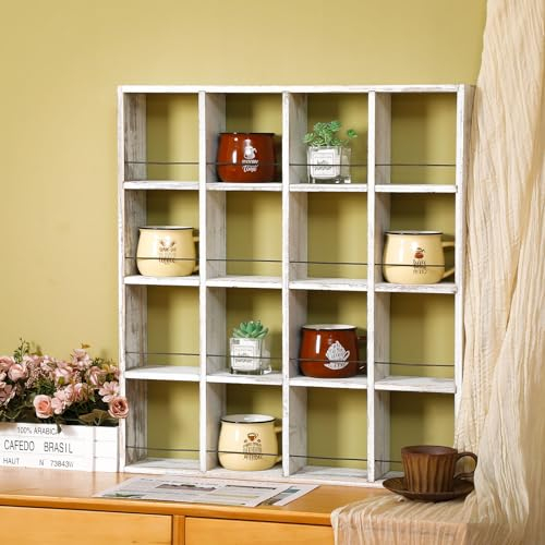 Kigley Large Size Coffee Cup Display Rack, Wooden Shelves, Rustic Shot Glass Display Case, Travel Mug Rack, Wall Mount Holder, Shadow Box, 4 x