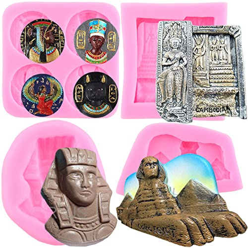 RFGHAC Antike Ägypten Münzen inspirierte Schokolade Süßigkeiten Silikonform Pharao Mama Fondant Form Ägypten Sphinx Form Kuchen Dekoration Cupcake Topper Kaugummi Paste 4 Stück, ZB194CK