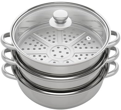 Silver Stainless Steel 3 Tier Steamer Cookware Set - 28cm 3 Pot Cooker with Glass Lid, Steamer & Casserole