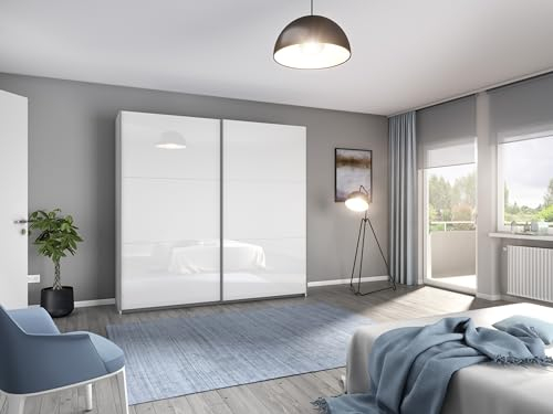 möbelando Schwebetürenschrank >Aurelia< in weiß Hochglanz - 218x210x59 (BxHxT)