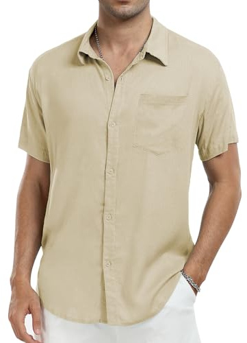 North Bund Chemise Coton Homme Manches Courtes Casual Boutons Shirt Été Leger Classique Regular Fit avec Poche Coupe Décontractée De Plage Kaki XL