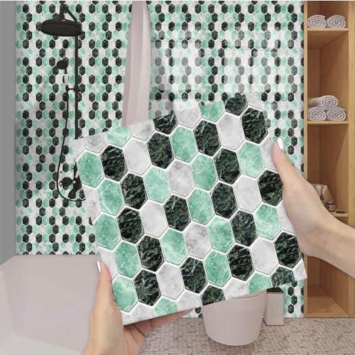 Targawerelax 3D Mosaic Tile Stickers for Kitchen, Stick On Tiles for Bathroom Wall Self Adhesive Waterproof Vinyl Peel and Stick Wall Tiles Covers Splashbacks, Green Jade Crystals
