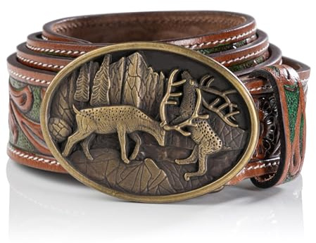 Schöneberger Trachten Couture Ceinture traditionnelle pour homme - Unique - En cuir - Avec boucle de cerf - Ceinture en cuir fabriquée à la main - Ceinture Ben, Marron/vert foncé, Bundweite 100