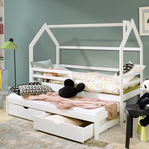 Kids Collective Hausbett Kinderbett 80x160 cm mit Ausziehbett Bett mit 2 Schubladen Lattenrost und Raufallschutz Bed Kinder Jugendbett Einzelbett Spielbett mit Dach Himmel von 3. bis 10. Lebensjahr