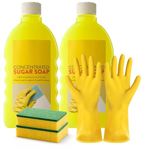 2x 500ml Sugar Soap Painting Preparation Kit - Trade Strength Wall Cleaner & Degreaser Bundle -Sugar Soap Concentrated, 2 High-Absorbency Sponges, 1 Pair Protective Safety Gloves