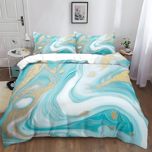 Abstraktes Muster Aus Türkisfarbenem Marmor Bettwäsche-Sets 135x200 cm Türkis Bettwäsche Jungen Mädchen Weich Atmungsaktiv Microfaser Betten Set mit Reißverschluss