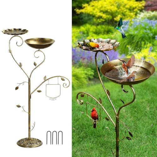 Multifunktional Vogeltränke,Vogeltränke Winterfest,Vogeltränke Stehend,Standing Bird Bath,Bird Feeders,Vintage Freestanding Birdbath and Birdfeeder for Garden Decor,3 Metal Stake