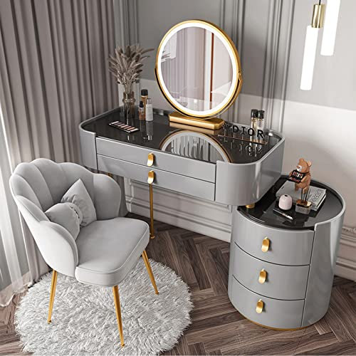 Schminktisch-Set mit Schubladen, Beistellschrank, Stuhl, Massivholzbeine, großer Schminktisch für Familienschlafzimmer, Damen, Mädchen, 3 Farboptionen