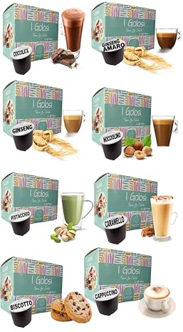 Caffè Vulcanus - kit assaggio 120 capsule ai gusti: Ginseng, Nocciolino, Ginseng amaro, Cioccolato, Cappuccino, Caramello, Pistacchio, Biscotto - Capsule compatibili con Nescafe* Dolce Gusto