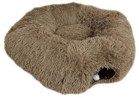 KESOTO Katzentunnel mit Schlafbereich, Spielhöhle für Katzen, Tunnel mit Ball, Katzenhaus für Innenräume, Braun