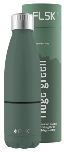 FLSK Trinkflasche mit Becher – Premium Edelstahl Thermosflasche mit 2-in-1-System – 100 % auslaufsicher & kohlensäuregeeignet – hält 24 h kalt & 18 h heiß – BPA-frei (ridge green)