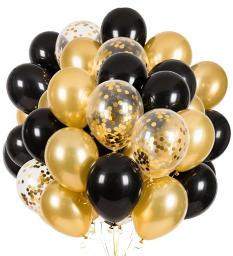 Ballonger svart guld 60 stycken, 30 cm (12 tum) heliumballonger svarta gyllene, gyllene konfettiballonger, födelsedagsdekoration svarta guldballonger för bröllop examen födelsedag nyårsafton nyår